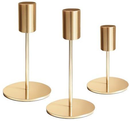 3 Stück Kerzenständer, Kerzenständer Stabkerzen, Stabkerzenhalter Gold, Metall Vintage Modern Deko für Abendessen Hochzeit Haus Tisch Tischdeko Wohnzimmer Adventskranz Advent Weihnachten