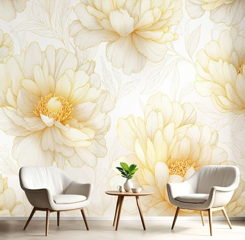 Carta Da Parati Effetto 3D Fiori Dorati Di Peonia 500×350cm, Fotomurali Non Tessuto XXL, Decorazione Poster Arte Murale Delicato A Righe Floreale per Casa Ufficio Camera Letto Soggiorno