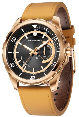SAPPHERO Reloj analógico de cuarzo para hombre, esfera con fecha y números arábigos, resistente al agua 50 m, luminoso, estilo deportivo y corporativo, correa acero inoxidable y cuero, regalo elegante