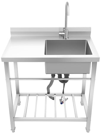 TFGXUE Lavabo da cucina autoportante, 80 x 55 x 84 cm, cucina esterna con spazio e piano di lavoro, resistente alle intemperie, con rubinetto girevole a 360° e parete a spruzzo, colore: argento