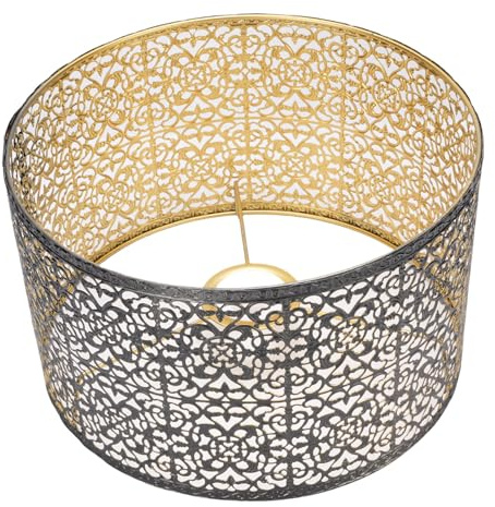 Naroote Pantalla de Metal Pantalla de Lámpara Cilíndrica Decorativa Cubierta de Luz Ornamental con Patrones Huecos para Lámpara de Techo de Pared de Mesa E14 E27 Negro y Dorado 25 Cm 16 Cm
