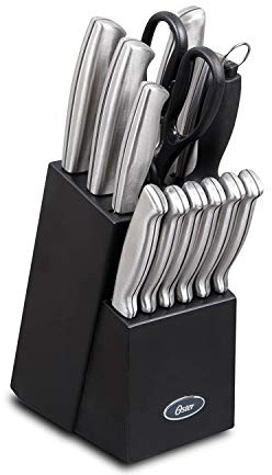 Oster Baldwyn 14 Piece Stainless Steel Cutting Kitchen Knife Cutlery Set with Swivel Block Holder and Knife Sharpener, Brushed Satin