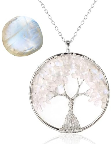 HALUKAKAH Women's Crystals and Healing Stones Necklace Gold/Platinum Plated Brass Wire Natural Moonstone/Pink Quartz/Amethyst Quartz/Carnelian/Jade Handmade Winding Tree of Life Pendant Chain 50cm