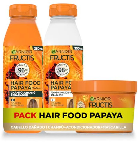 Pack Garnier Fructis Hair Food Papaya Champú, Acondicionador y Mascarilla, Desenreda, Reparación intensiva del Cabello Dañado, 98% Ingredientes Origen Natural, Vegano, Sin Siliconas Pack 350ml y 400ml