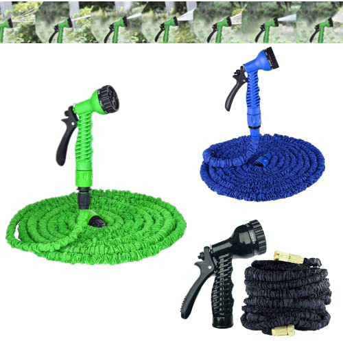 Qimu 75ft/100ft/150ft/200ft Expandable Garden Hose, Flexible Rubber & Plastic Hose with 7 Function Spray Nozzle for Garden & Outdoors Watering and Cleaning, Black