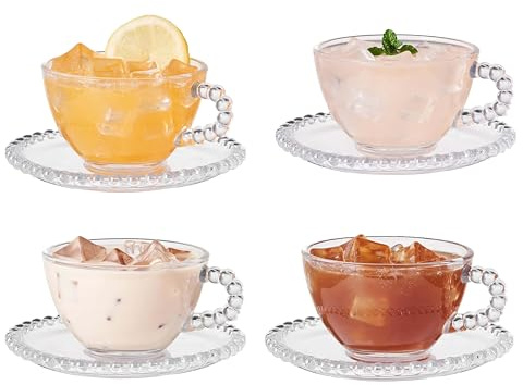 Eden & Willow Pearl Beaded Glass Cup and Saucer Set | Modern Tea and Coffee Drinkware Set (4, Pearl Beaded)