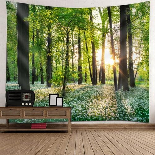 Lirzxin Wandbehang 210x140CM, Wandteppiche Sonnenschein, Wald und Blumen Landschaft Grün Braun Tapisserie Wandtuch für Wohnzimmer Schlafzimmer Picknickdecke Teppich Yogamatte Wanddeko