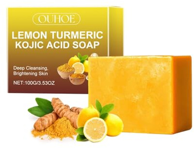 Kojisäure-Seife, Kurkuma Seifenstück, Vitamin C Seifenstück, Entfernen dunkler Flecken - sanfte Seife für Akne, Mitesser, Tiefenreinigung für Gesicht und Körper,(1 Stück/120G)