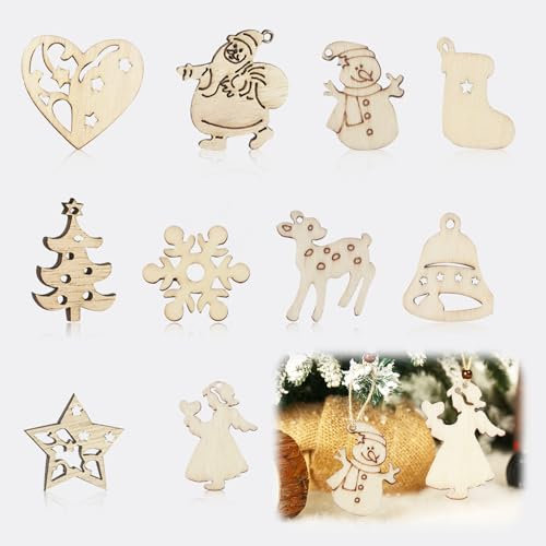 Lot de 100 Mini Décorations de Noël en Bois, Formes Variées pour Créativité, Décorations Festives pour Sapin, Cartes et Cadeaux, Kit de Loisirs Créatifs