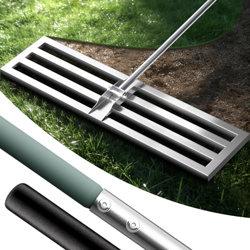 TUTOING 75 x 25 cm rateau de nivellement de pelouse – Base en Acier Inoxydable entièrement fermée, poignée Durable, pour l’Entretien du Gazon dans Les Jardins, Les fermes et Les Cours