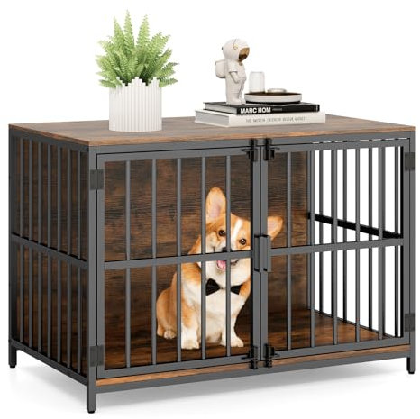 COSTWAY Dog Crate Furniture, Wooden Indoor Dog Kennel with Lockable Double Doors, Heavy-duty Pet Cage Side End Table for Small & Medium Sized Dogs, 100 x 60 x 70cm (Rustic Brown)
