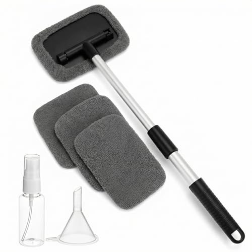 QWORK® limpiacristales Coche, Herramienta limpiadora de Ventanas de Coche Extensible, Placa con Forma Rectángulo, Mango Giratorio 180, Incluye 4 Almohadillas Lavables