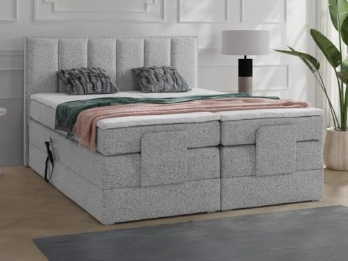 Vente-unique-Boxspringbett mit Bett-Kopfteil + elektrisch verstellbare Lattenroste + Matratzen + Topper - 2 x 90 x 200 cm - Stoff - Grau - KALASI von Palacio