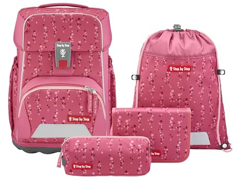 Step by Step BASIS Schulranzen-Set „Pink Bubbles“, 4-teilig, rosa, ergonomischer Tornister mit Reflektoren, Hüft- und Brustgurt, für Kinder ab der 1. Klasse, 20 Liter