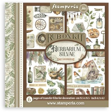 Stamperia - Rub-on Kit for Scrapbooks, Albums, Cards, Bullet Journals and More, Easily Transfer Images onto Paper and Other Surfaces, Perfect for Crafts and Gifting (6 Pages) (Herbarium Silvae)