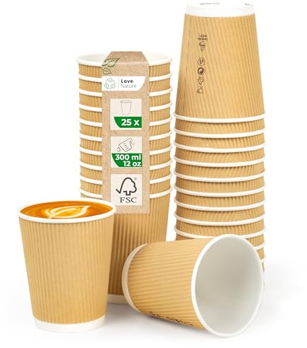 Love Nature Riffelbecher 300 ml 12 oz – Kaffekopp to Go 25 stycken av kraftpapper – Pappbecher av brun kraftkartong för kaffe, te, varma och kalla drycker