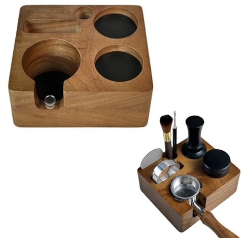 Espresso Tamping Station for 51mm/54mm Portafilters, Solid Wood Coffee Tamper Holder, Multi-Function Coffee Tamper Stand Organizer with Tamper Holder, Distributor Slot and Accessory Storage (51/54mm)