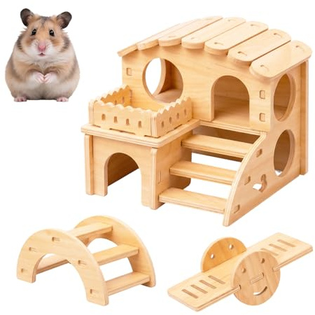 3 Pcs Hamster House, Wooden Hamster Hide with Seesaw & Arch Bridge | Small Animal Hideout Cage Accessories for Syrian Dwarf Hamsters Cage Accessories