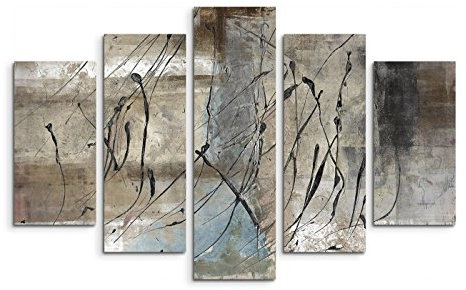 Paul Sinus Art 5 teiliges Wandbild auf Leinwand (Gesamt: H: 100cm B: 160cm) Keilrahmenbild Canvas Fotodruck Leinwandbild Leinwanddruck Kunstdruck Wandbild grau beige schwarz Striche