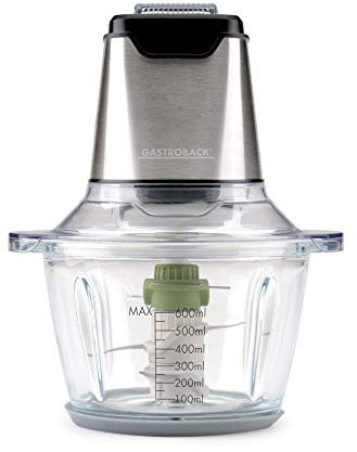 GASTROBACK 40961 Design Mini Chopper Plus, Multi-Zerkleinerer, 3 Edelstahl-Sichelmesser, 400 Watt, 1,2 Liter Glasbehälter, steel, edelstahldesign