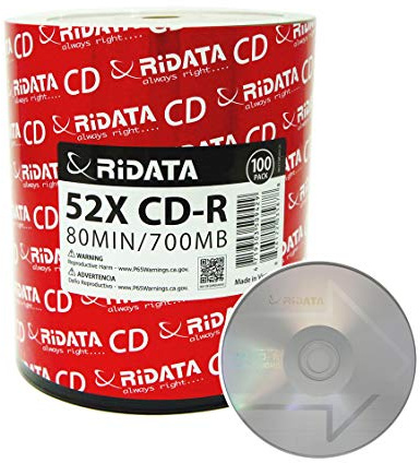 100 Pack Ridata CD-R 52X 700MB 80Min Branded Logo Blank Media Recordable Disc