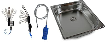 Edelstahl Spülbecken Camping Spüle Waschbecken + Ablauf + 12v Barwig Automatikwasserhahn + 12V /10l Min Tauchpumpe 325x265x65 mm (ad-ideen)