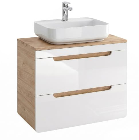 Lomadox Waschtisch mit 80 cm Unterschrank, 50 cm Keramik-Waschbecken, Hochglanz weiß mit Wotan Eiche Nb., 2 Softclose-Auszüge