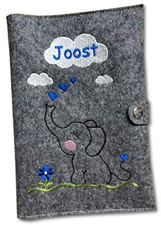 u heft hülle und impfpass Elefant personalisiert mit Namen und Geburtsdatum des Kindes mit extra Fächer und Lasche mit Druckknopf aus 100% Wollfilz - blau