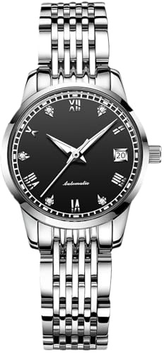 RORIOS Kvinnors automatiska uppdragare lysande klocka romerska siffror klocka rostfritt stål armband mode vattentät mekanisk klocka, Svart, armband
