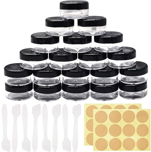 Jicyor 20 Stück Döschen, 20ml Plastik Döschen, Leerdose klarer Tiegel, Cremedosen zum Befüllen (2 Etikettenaufkleber und 20 Mini-Spatel)