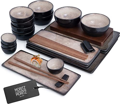 Moritz & Moritz Set Sushi Giapponese - Set Sushi per 4 Persone - 29 Pezzi - Set per Servire il Sushi con 3 Piatti per Sushi - 4x Piatti Sushi Giapponesi, Ciotola per Miso, Ciotoline e Bacchette
