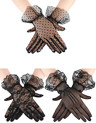 Geyoga 3 Paar Spitzen Handschuhe Kurz Sommer Handschuhe (Retro Stil, Schwarz)