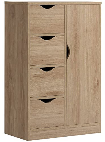 HOMCOM Armario de Salón Aparador Auxiliar con 4 Cajones 1 Puerta y Estante Interior Mueble de Almacenaje Multiusos para Baño Dormitorio Comedor 54x29x83 cm Roble