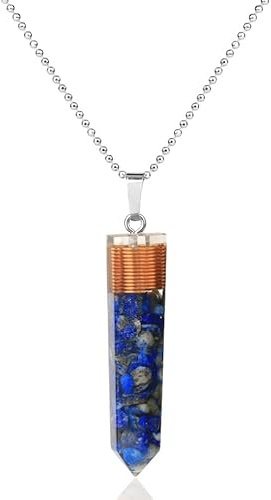 Hexagonal Column Pendant Natural Chips Stone Copper Wire Resin Poured Geometry Pendants Energy Necklaces for Women Men,Lapis Lazuli Chain