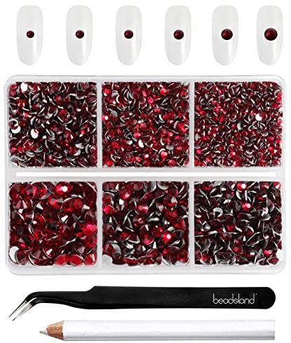 Beadsland Strasssteine zum Basteln,Dunkles Rot,6 Größen gemischt,4300 Stk | Rote Strasssteine,SS6–SS20,Glasmaterial,Flacher Rückseite,Nagelsteine,mit Picking-Pinzette und Wachsstift