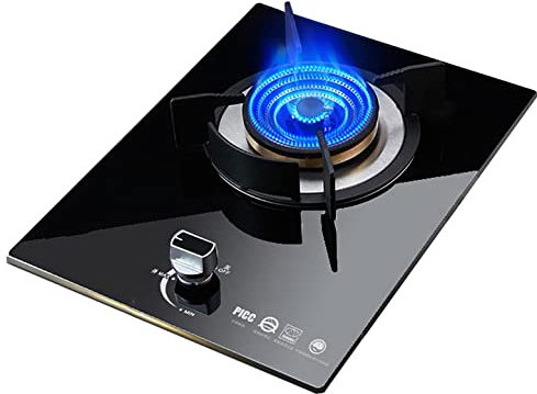IBOWZ Encimera de Gas Placa De Cocina De Gas De 33 Cm Incorporada 1 Quemadores Encimera De Cocina De Vidrio Templado Negro, Soporte De Sartén De Hierro Fundido, Convertible NG/LPG [Clase Energétic