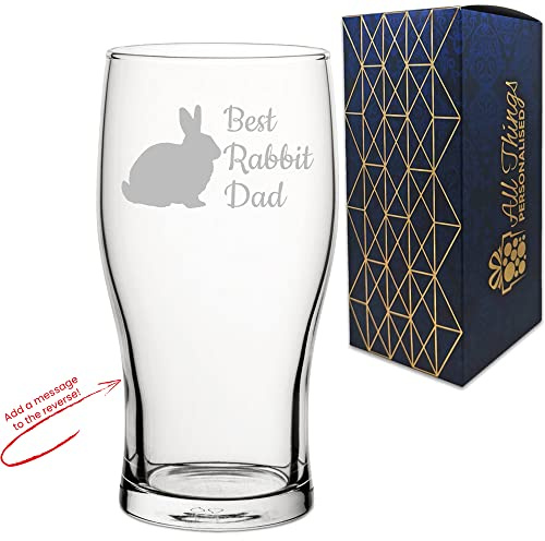 Personalised Engraved Novelty Pint Glass with Best Rabbit Dad Design, Add a Personalised Message to the Reverse, Laser Engraved, Gift Box Included, Gift for Dad, Birthday Gift, Rabbit Lover Gift