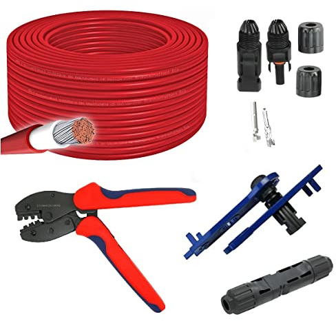 50m ARLI Solarkabel H1Z2Z2-K 6mm² Rot + Crimpzange + 10 Paar Solarstecker/Buchse IP68 1500V + Schraubenschlüssel Werkzeug Set