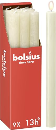 Bolsius - Rustik Lot de 9 bougies à tige - Ivoire - Longueur : 13 heures - Sans parfum - Cire végétale naturelle - Sans goutte - Sans huile de palme - 27 x 2,3 cm