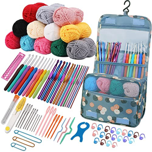 Ruasol 82-teiliges Häkelset mit Häkelnadel-Garnset, Häkelnadel-Set für Anfänger mit ergonomischer Stricknadel, enthält Häkelgarn in 12 Farben für Anfänger und erfahrene Häkelnadel-Liebhaber