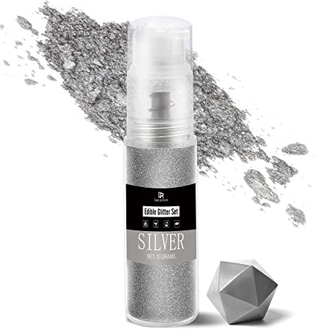 Essbarer Glitzer - 10g Essbarer Glitzerstaub Glitzerpulver in Sprühflasche für Lebensmittel, Getränke, Kuchen - Metallisch Lebensmittelfarbe Pulver zum Dekorieren Torten, Süßigkeiten, Keksen (Silber)