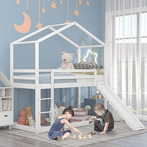kubeier Letto a soppalco per Bambini con Scivolo, Letto a Castello 90 x 200 cm, Telaio a Castello in Legno Massiccio con Rete a doghe, Letto da Gioco per Ragazze e Ragazzi, Letto Singolo,White