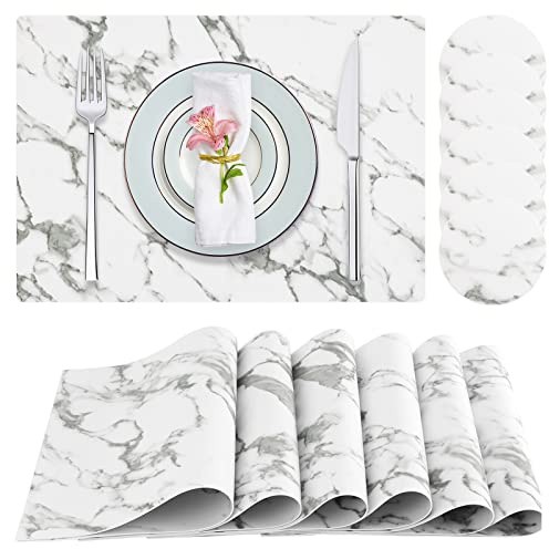 Juccwarm Tischsets aus Kunstleder, hitzebeständig, leicht zu reinigen, rutschfest, wasserdicht, schmutzabweisend, abwischbar, waschbar, PU-Tischsets, 6 Stück, Marmor