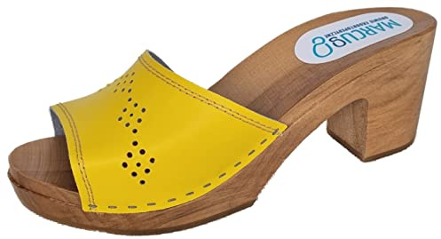 Moderne High Heels Holz Clogs Holz Pantolette Gr.35-36-37-38-39-40-41 Glattleder Rinds Leder *Gelb* oder ROSA (Gelb, EU_38)