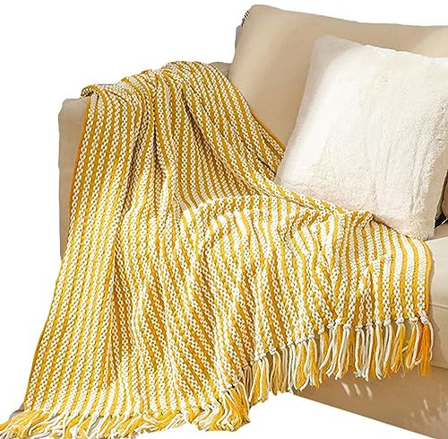VisLarsc Handgestrickte Decke, Wolle, Reisedecke, weich, warm, Chenille, 130 x 170 cm, Überwurfdecke für Couch, Sofa, Schlafzimmer, Stuhl, alle Jahreszeiten (Kurkuma, 130 x 170 cm)