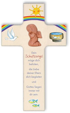 Fritz Cox Kinderkreuz mit Engel 'Dein Schutzengel' | mit handgefertigtem Engel |Kreuz zur Geburt oder Taufe | ein wunderschönes Geschenk für Kinder, Mädchen und Jungen