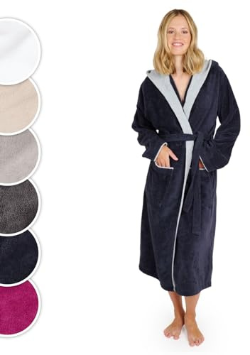 Blumtal badrock dam, gosig mjuk badrock dam bomull med fodrad huva och sammetslen frottévelour, Oeko-TEX® certifierad, storlek XL, Mörk havsblå och blå