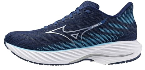 Mizuno Mens Wave Rider 28 Running Shoe, Estate Blue-White, 10.5