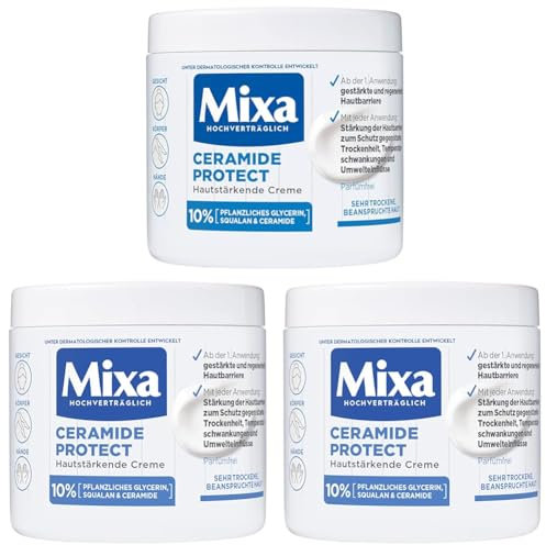 Mixa Hautstärkende Creme für sehr trockene und beanspruchte Haut, Feuchtigkeitsspendend, Pflege-Creme zum Schutz der Hautbarriere, Ceramide Protect , 400 ml (Packung mit 3)
