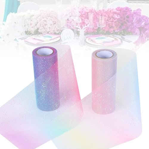 2 Rollen Tüllstoff, Dekostoff, Regenbogen Glitzer Organza, Tüllband, Dekotüll, Tischläufer, Tischbasteleien, für Hochzeitsparty Dekorationen, Weihnachtsdekorationen, Handmade DIY, 15cm x 9m